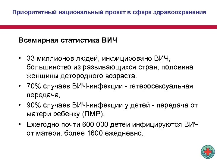 Приоритетный национальный проект в сфере здравоохранения Всемирная статистика ВИЧ • 33 миллионов людей, инфицировано