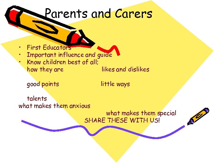 Parents and Carers • First Educators • Important influence and guide • Know children