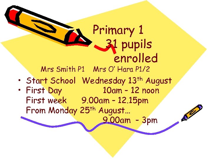 Mrs Smith P 1 Primary 1 31 pupils enrolled Mrs O’ Hara P 1/2