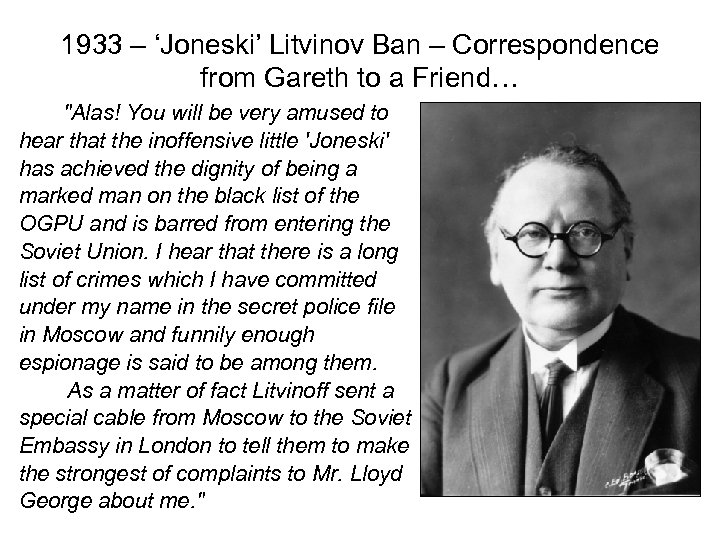 1933 – ‘Joneski’ Litvinov Ban – Correspondence from Gareth to a Friend… 