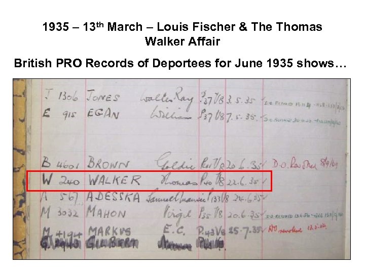 1935 – 13 th March – Louis Fischer & The Thomas Walker Affair British