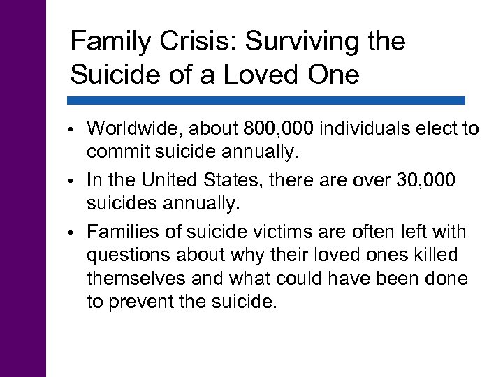 Family Crisis: Surviving the Suicide of a Loved One Worldwide, about 800, 000 individuals