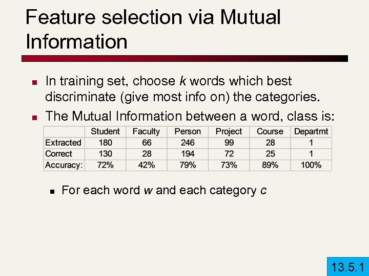 Feature selection via Mutual Information n n In training set, choose k words which