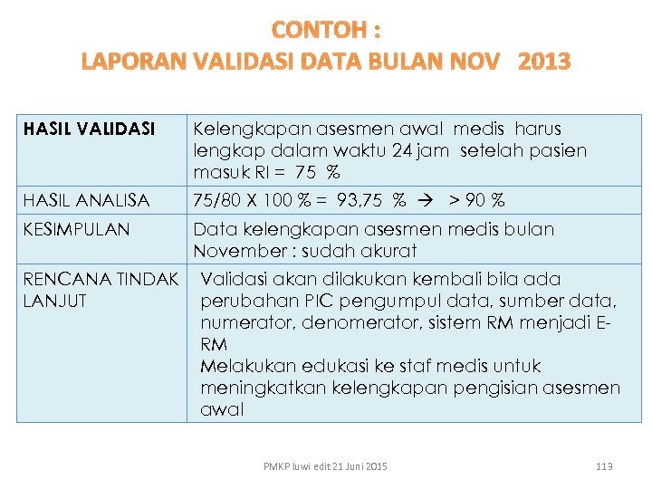 CONTOH : LAPORAN VALIDASI DATA BULAN NOV 2013 HASIL VALIDASI Kelengkapan asesmen awal medis