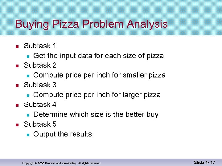 Buying Pizza Problem Analysis Subtask 1 Get the input data for each size of