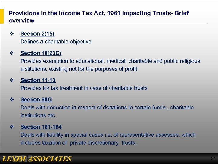 Provisions in the Income Tax Act, 1961 impacting Trusts- Brief overview v Section 2(15)