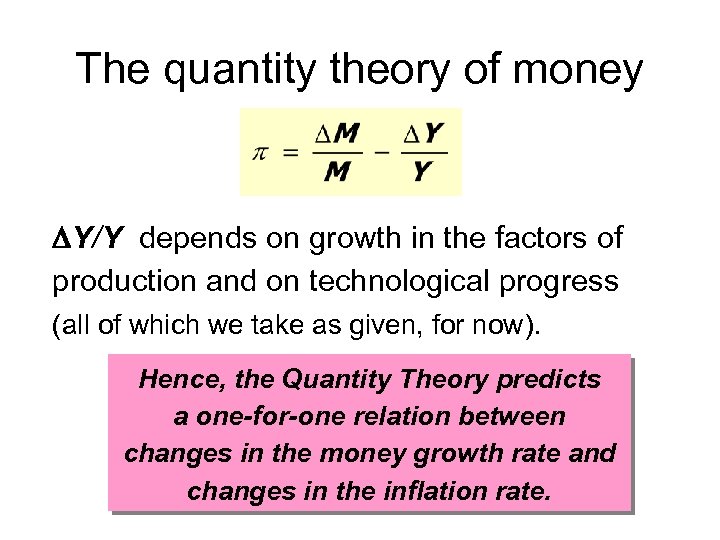 The quantity theory of money Y/Y depends on growth in the factors of production