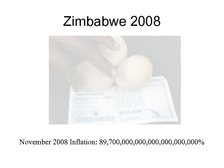 Zimbabwe 2008 November 2008 Inflation: 89, 700, 000, 000% 