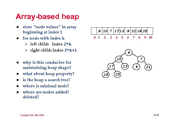 Array-based heap l l l l store “node values” in array beginning at index