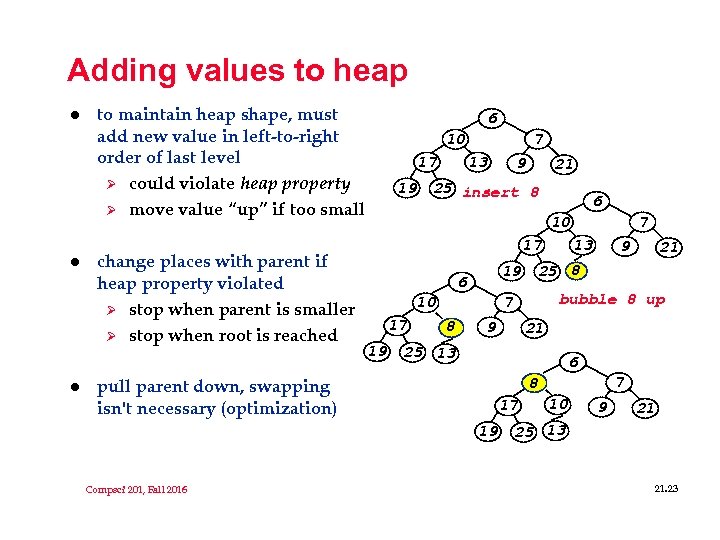 Adding values to heap l l l to maintain heap shape, must add new