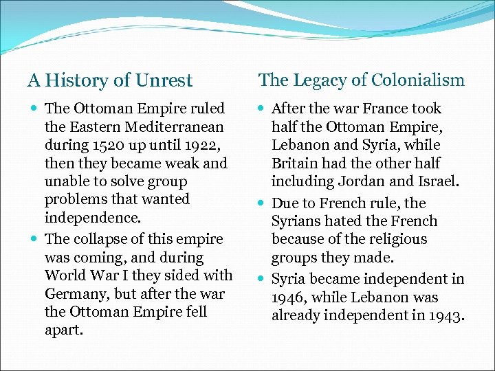 A History of Unrest The Legacy of Colonialism The Ottoman Empire ruled the Eastern