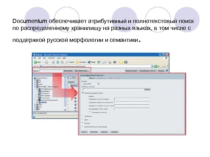 Documentum обеспечивает атрибутивный и полнотекстовый поиск по распределенному хранилищу на разных языках, в том