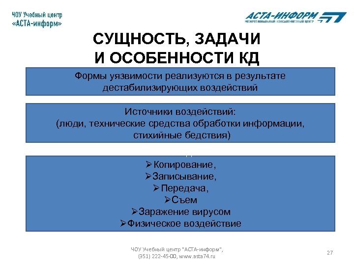 СУЩНОСТЬ, ЗАДАЧИ И ОСОБЕННОСТИ КД Формы уязвимости реализуются в результате дестабилизирующих воздействий Источники воздействий: