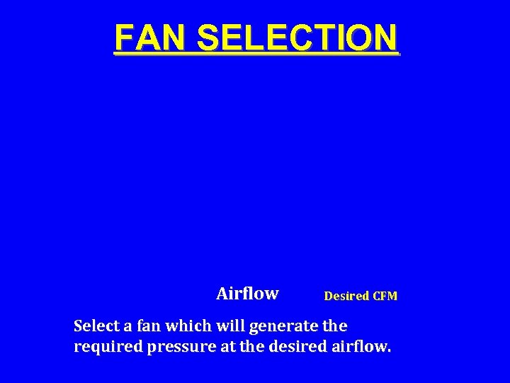 FAN SELECTION Airflow Desired CFM Select a fan which will generate the required pressure