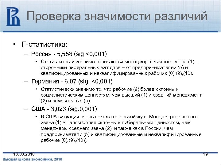 Проверка значимости различий • F-статистика: – Россия - 5, 558 (sig. <0, 001) •