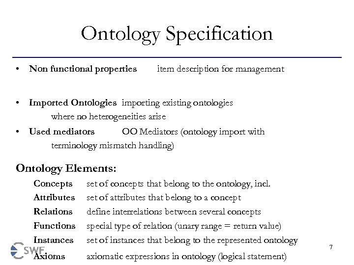 Ontology Specification • Non functional properties item description for management • Imported Ontologies importing