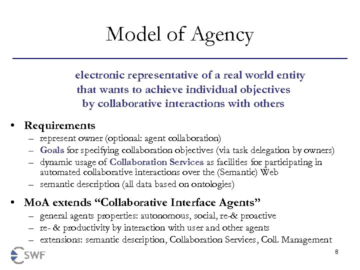 Model of Agency electronic representative of a real world entity that wants to achieve