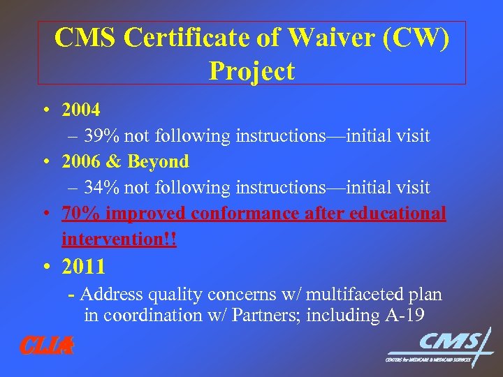 CMS Certificate of Waiver (CW) Project • 2004 – 39% not following instructions—initial visit