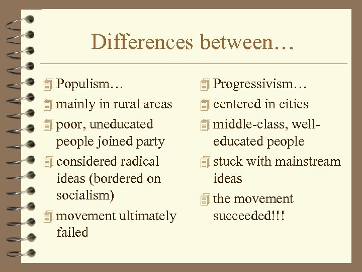 Differences between… 4 Populism… 4 Progressivism… 4 mainly in rural areas 4 centered in