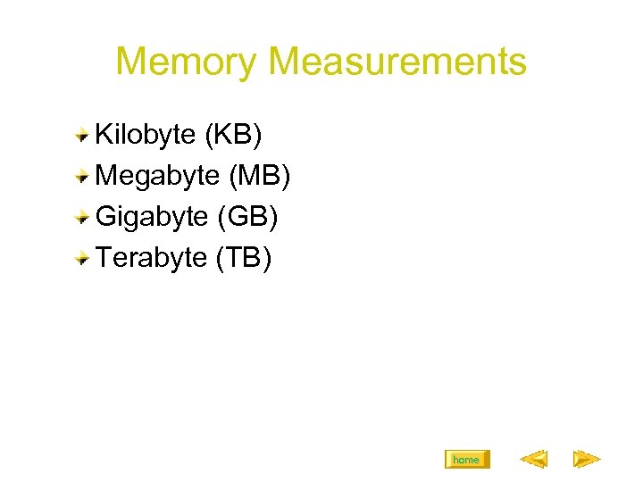 Memory Measurements Kilobyte (KB) Megabyte (MB) Gigabyte (GB) Terabyte (TB) home 