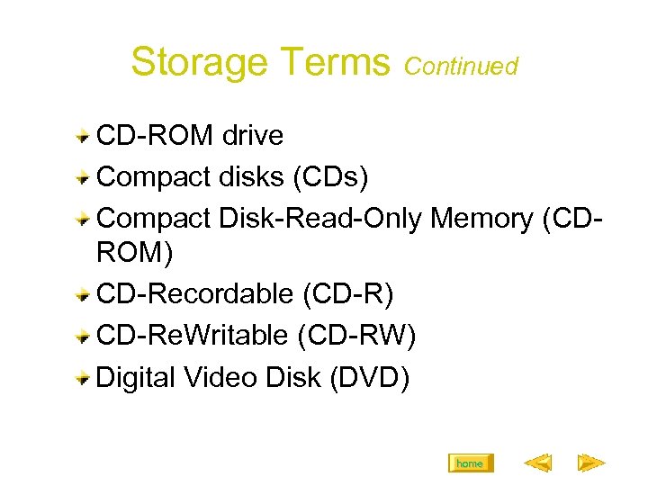 Storage Terms Continued CD-ROM drive Compact disks (CDs) Compact Disk-Read-Only Memory (CDROM) CD-Recordable (CD-R)