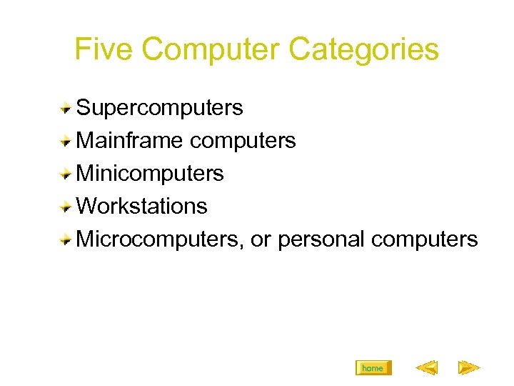 Five Computer Categories Supercomputers Mainframe computers Minicomputers Workstations Microcomputers, or personal computers home 