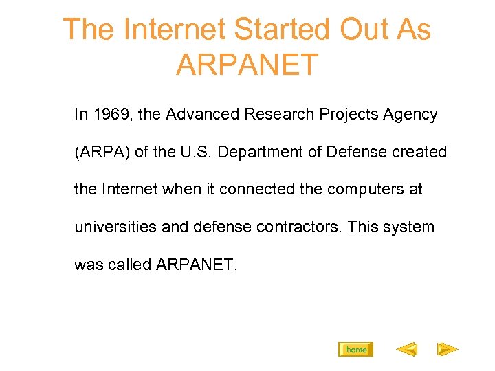 The Internet Started Out As ARPANET In 1969, the Advanced Research Projects Agency (ARPA)