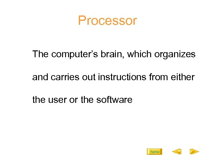 Processor The computer’s brain, which organizes and carries out instructions from either the user