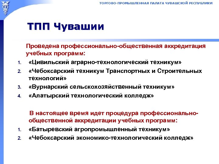 ТОРГОВО-ПРОМЫШЛЕННАЯ ПАЛАТА ЧУВАШСКОЙ РЕСПУБЛИКИ ТПП Чувашии Проведена профессионально-общественная аккредитация учебных программ: 1. «Цивильский аграрно-технологический