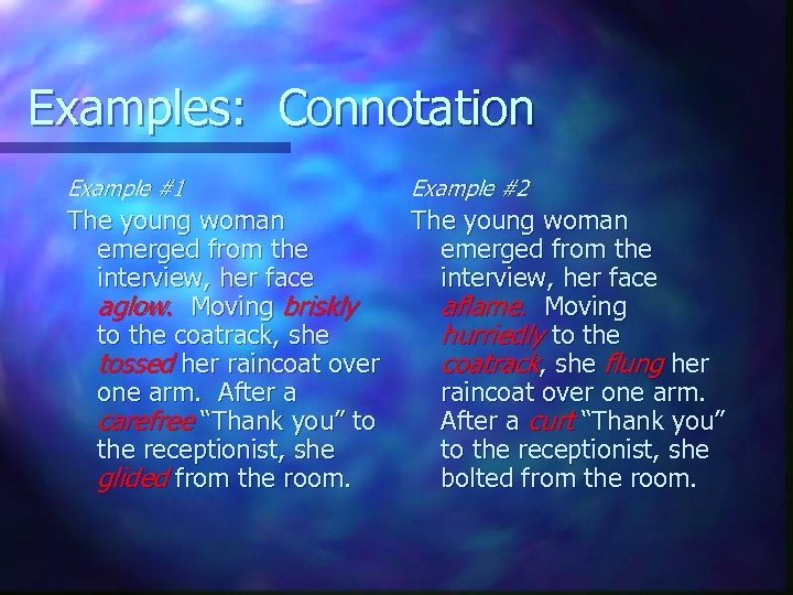 Examples: Connotation Example #1 Example #2 The young woman emerged from the interview, her