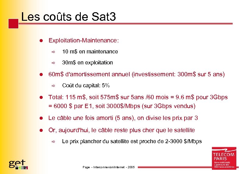 Les coûts de Sat 3 l Exploitation-Maintenance: ð ð l 10 m$ en maintenance