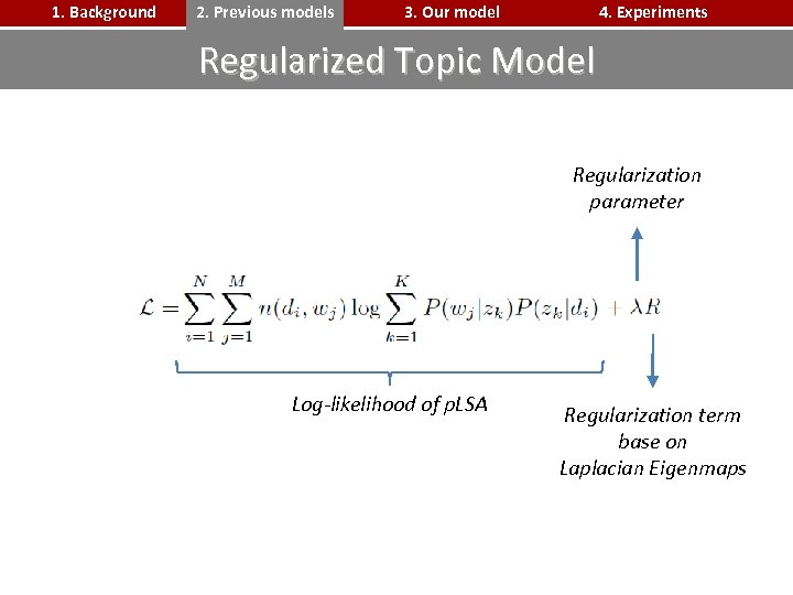 1. Background 2. Previous models 3. Our model 4. Experiments Regularized Topic Model Regularization