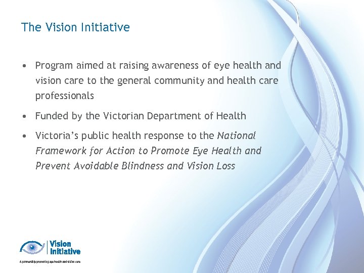 The Vision Initiative • Program aimed at raising awareness of eye health and vision