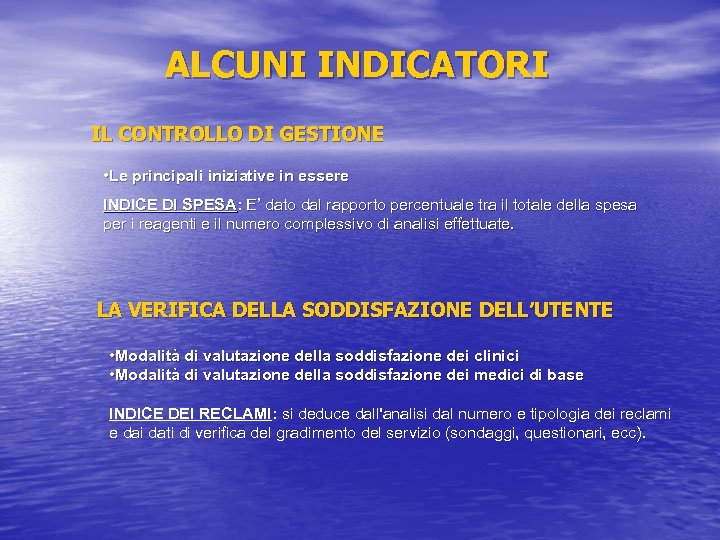 ALCUNI INDICATORI IL CONTROLLO DI GESTIONE • Le principali iniziative in essere INDICE DI