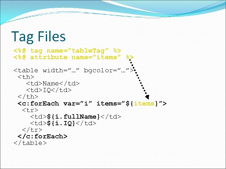 Tag Files <%@ tag name=”table. Tag” %> <%@ attribute name=”items” %> <table width=”…” bgcolor=”…”> Tag Files <%@ tag name=”table. Tag” %> <%@ attribute name=”items” %> <table width=”…” bgcolor=”…”>
