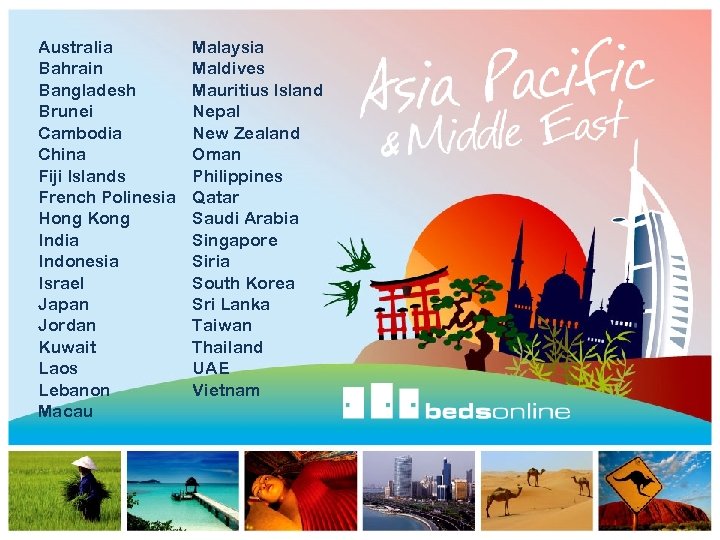 Australia Bahrain Bangladesh Brunei Cambodia China Fiji Islands French Polinesia Hong Kong India Indonesia