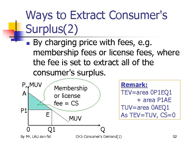 Ways to Extract Consumer's Surplus(2) n By charging price with fees, e. g. membership