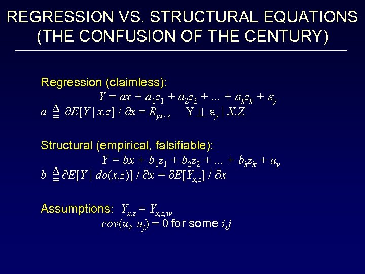 REGRESSION VS. STRUCTURAL EQUATIONS (THE CONFUSION OF THE CENTURY) Regression (claimless): Y = ax