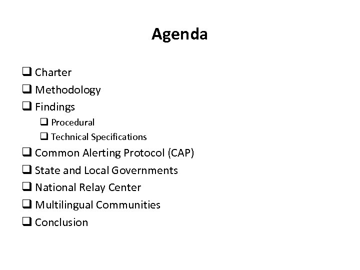 Agenda q Charter q Methodology q Findings q Procedural q Technical Specifications q Common