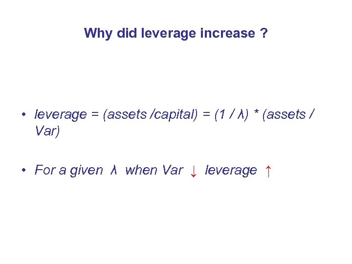 Why did leverage increase ? • leverage = (assets /capital) = (1 / λ)
