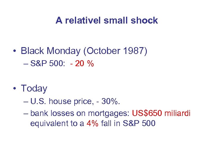 A relativel small shock • Black Monday (October 1987) – S&P 500: - 20