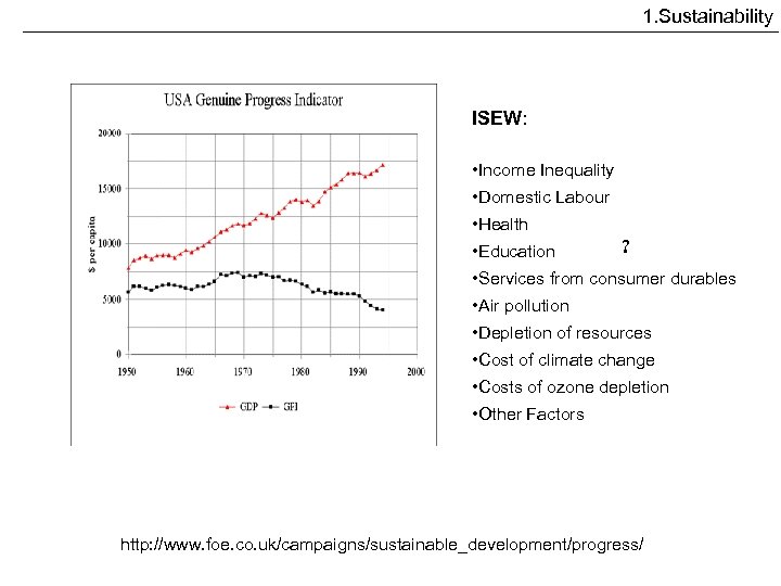 1. Sustainability ISEW: • Income Inequality • Domestic Labour • Health • Education ?