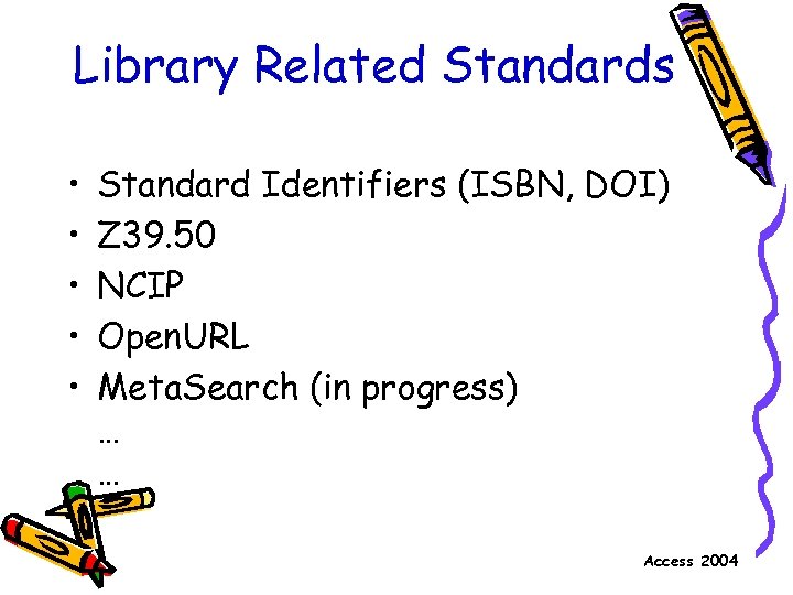 Library Related Standards • • • Standard Identifiers (ISBN, DOI) Z 39. 50 NCIP