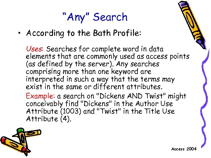 “Any” Search • According to the Bath Profile: Uses: Searches for complete word in