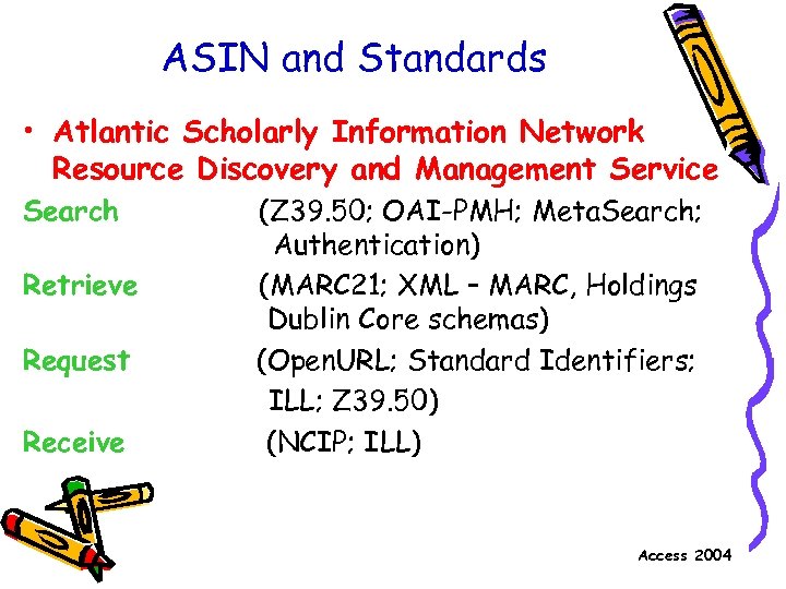 ASIN and Standards • Atlantic Scholarly Information Network Resource Discovery and Management Service Search