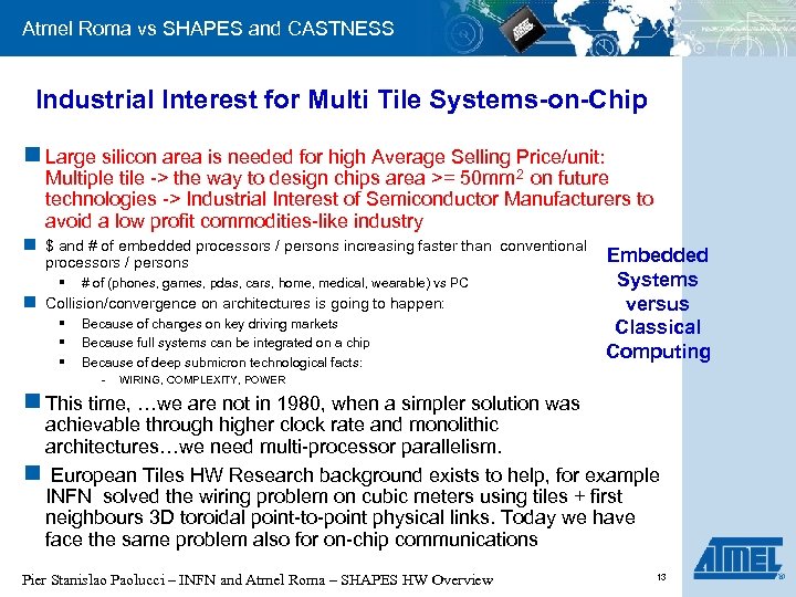 Atmel Roma vs SHAPES and CASTNESS Industrial Interest for Multi Tile Systems-on-Chip n Large