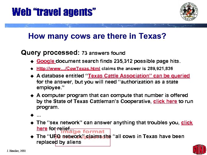 Web “travel agents” How many cows are there in Texas? Query processed: 73 answers