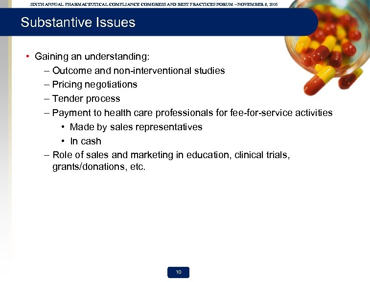 SIXTH ANNUAL PHARMACEUTICAL COMPLIANCE COMGRESS AND BEST PRACTICES FORUM – NOVEMBER 8, 2005 Substantive
