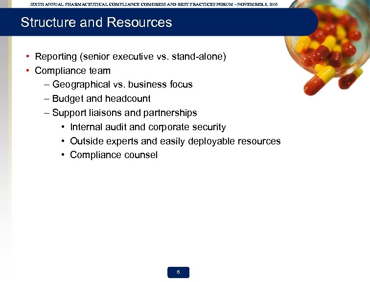 SIXTH ANNUAL PHARMACEUTICAL COMPLIANCE COMGRESS AND BEST PRACTICES FORUM – NOVEMBER 8, 2005 Structure