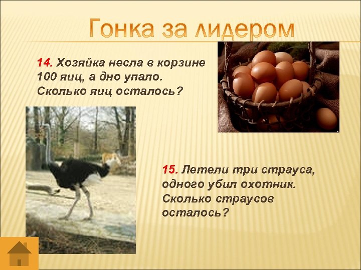 14. Хозяйка несла в корзине 100 яиц, а дно упало. Сколько яиц осталось? 15.